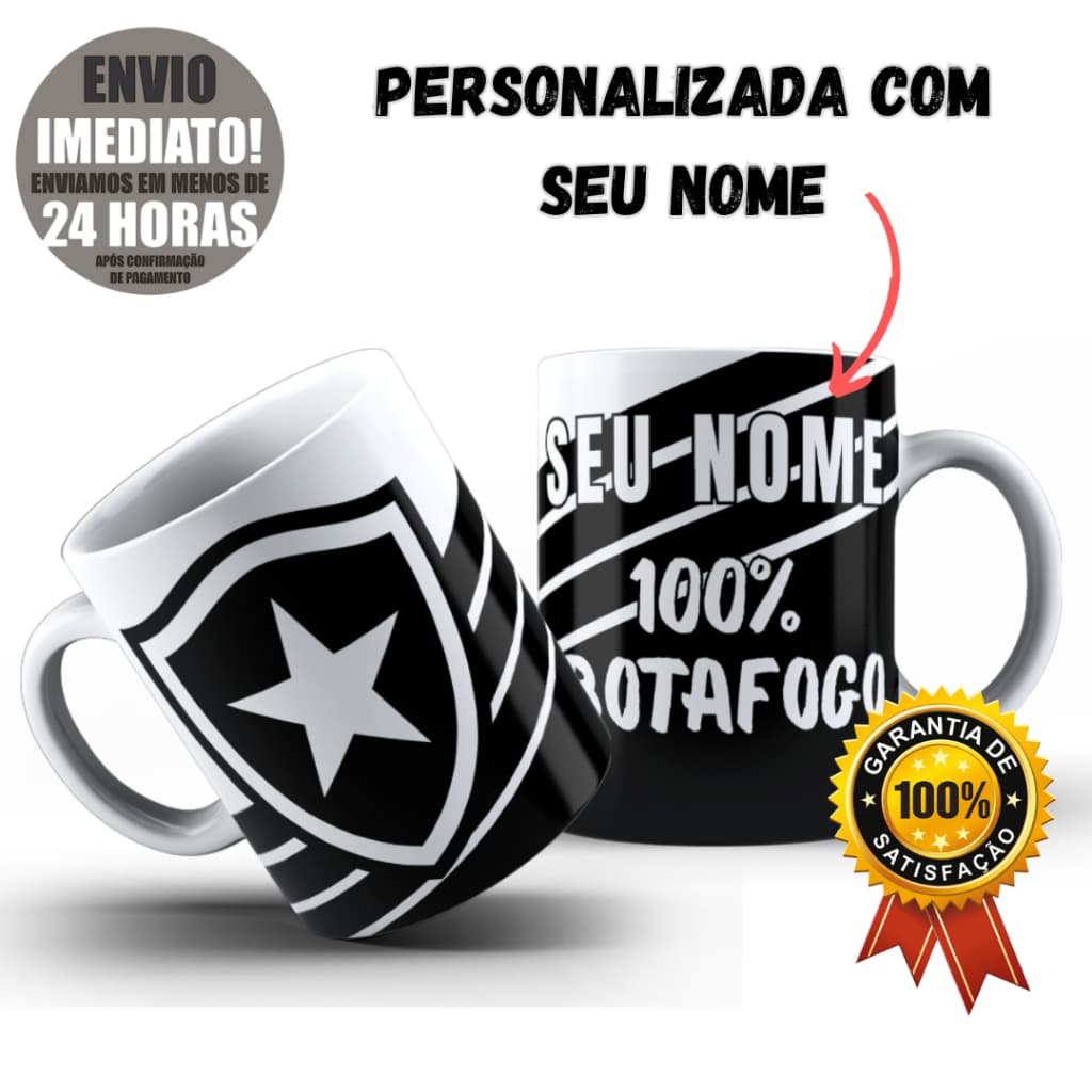 Caneca Xícara Personalizada Botafogo Time de Futebol COM NOME Porcelana ou Polímero Envio em 24h