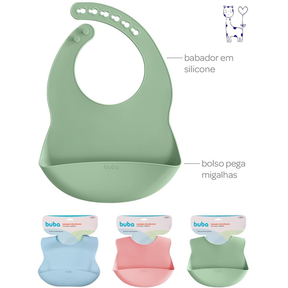 Babador Silicone Impermeável Buba com bolso pega-migalhas  - Lançamento bebê menino/menina prático