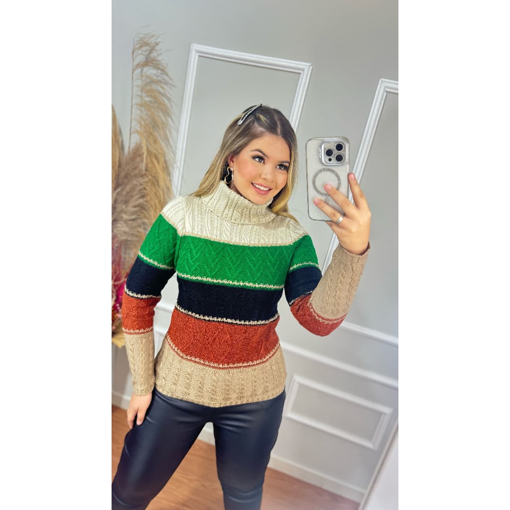Blusa Feminina de Frio Tricot Listrada Gola Alta Inverno Estilosa Mousse Lã Tamanho Único 36 a 42