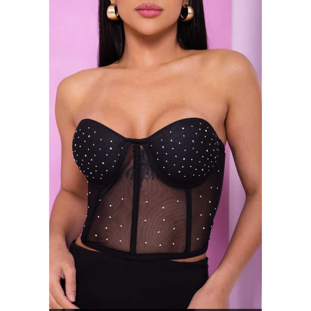 Cropped Corset Strass Feminino Tomara Que Caia com Bojo e Tule Transparente