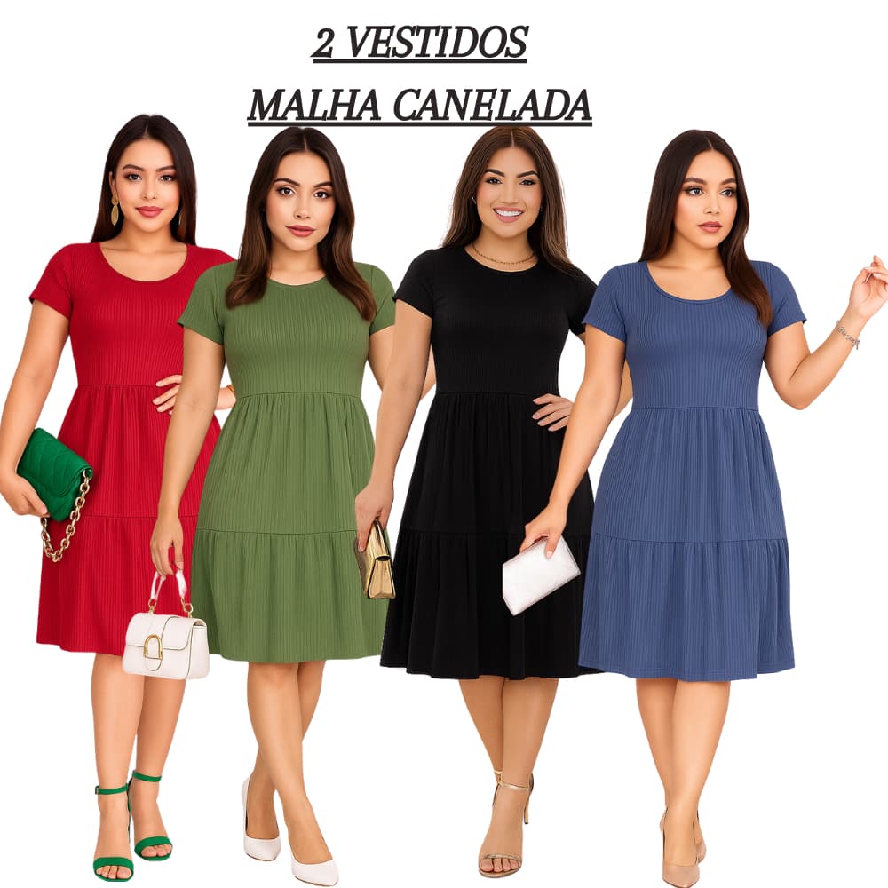 kit2 Vestido Feminino Soltinho 2 Maria Básico Dia DIA Manga Curta Malha Canelada Moda Evangélica Plus