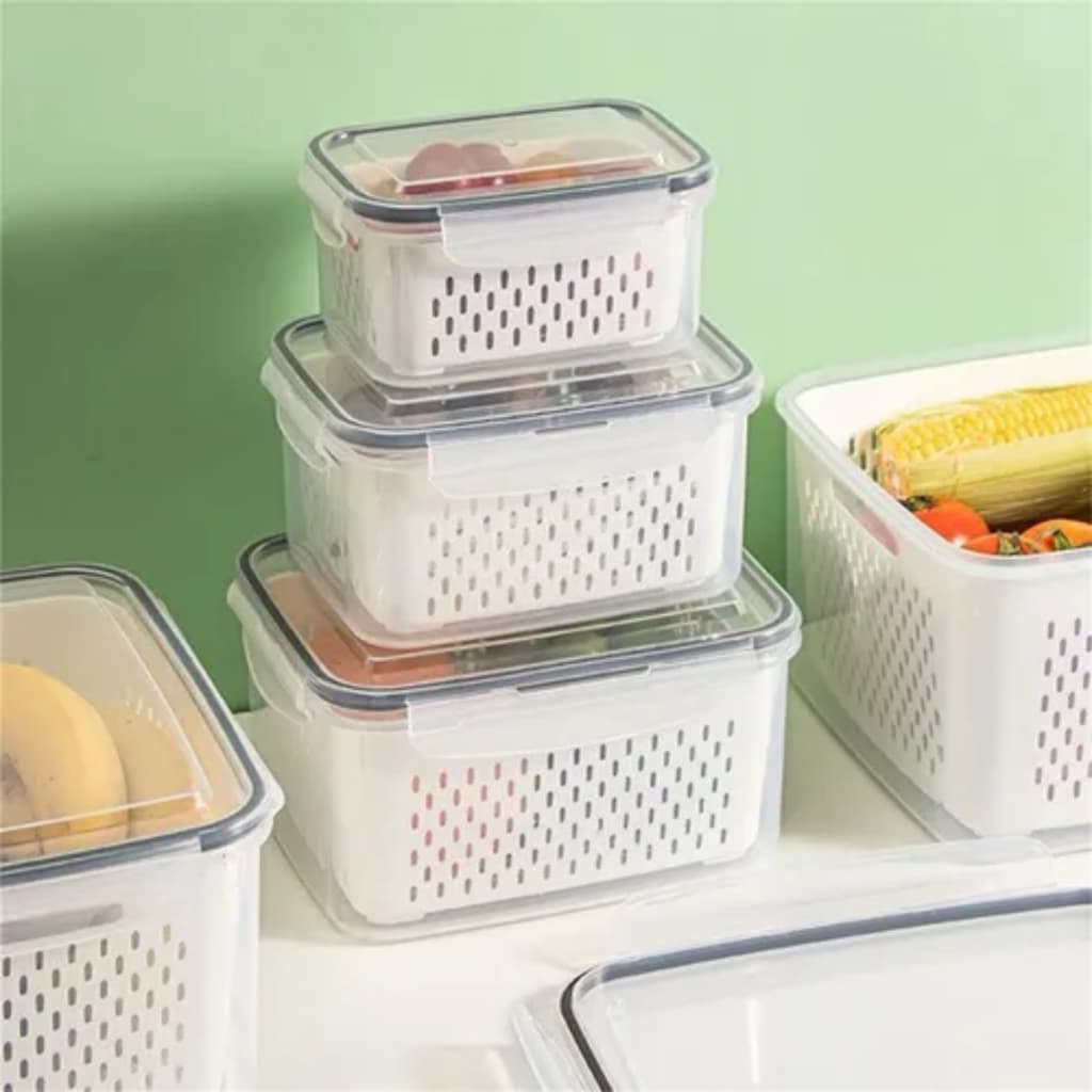 Kit 3 potes Organizadores Geladeira Herméticos Cozinha Alimentos Com Cesto Removível Lavar Frutas