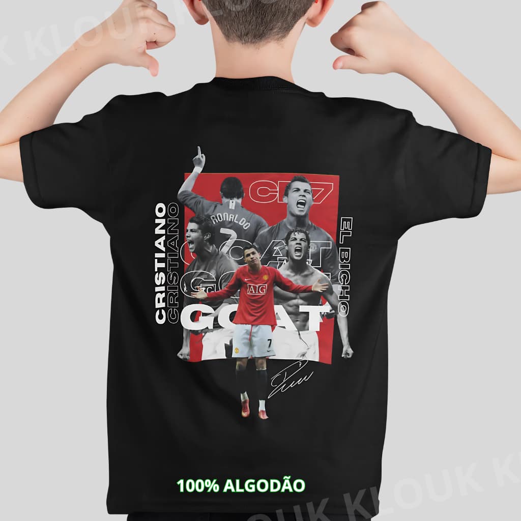 Camiseta Infantil E Adulto CR7 Jogador De Futebol Cristiano Ronaldo Goat El Bicho Unissex 100% Algodão