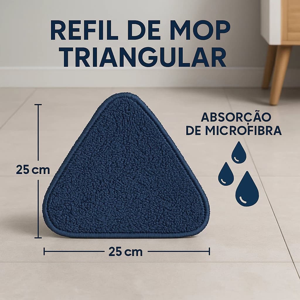 Refil Mop Triângulo Microfibra – Lavável, Reutilizável, Ideal para Cantos e Pisos Delicados