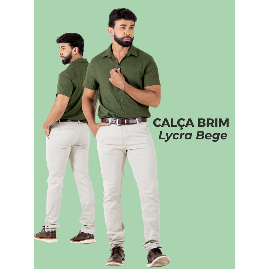 Calça Masculina Brim  Bege Slim Premium Social Com Elastano Casual Elegante e Confortável