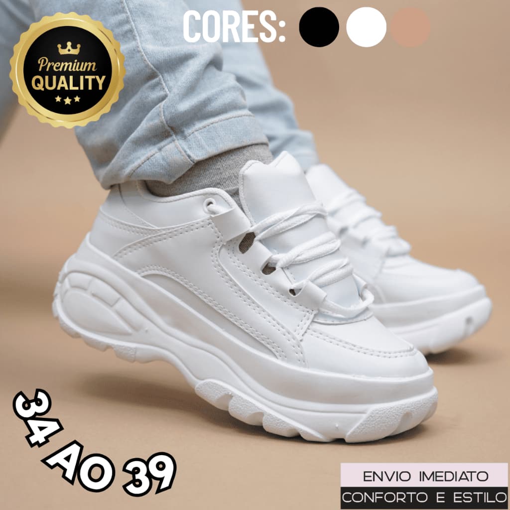 Tênis Bufalo Feminino Branco Plataforma Minimalista Conforto Premium