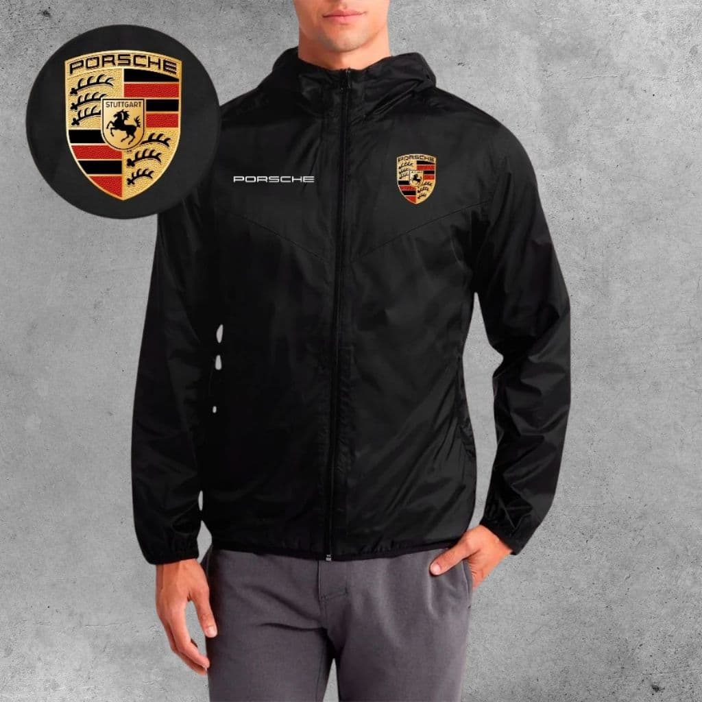 Jaqueta Corta Vento Masculina - PORSCHE - Com Capuz Zíper Bolsos Corrida Academia Esportes