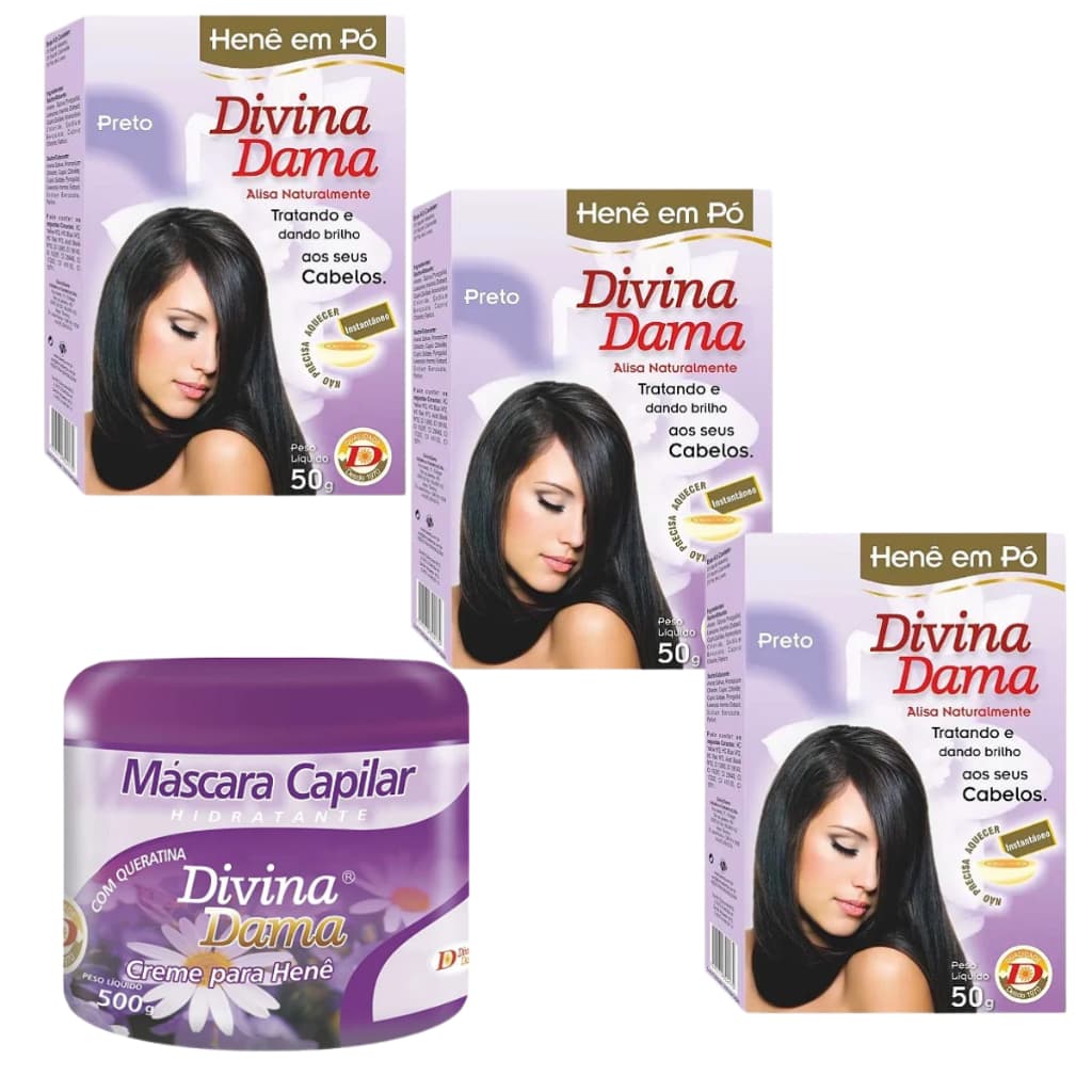 Kit Com 03 henês 50g Divina Dama + 01 Creme Branco para Henê 500g Divina dama Escolher cores