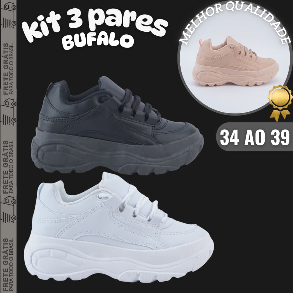 Kit 3 Pares Tênis Buffalo Plataforma Feminino Estilo Premium Pronta Entrega