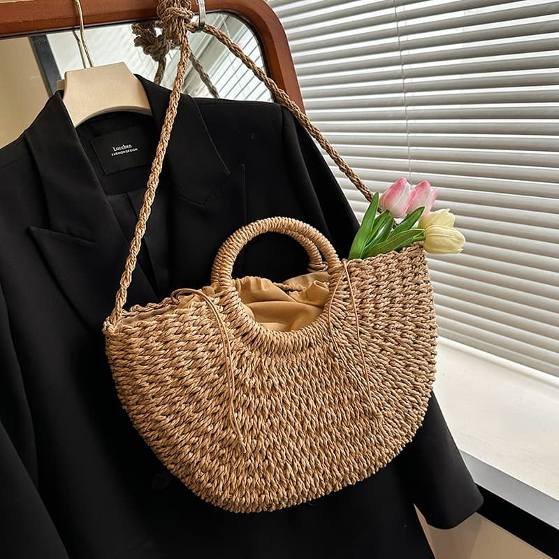 bolsa feminina de praia palha meia redondada lua verão