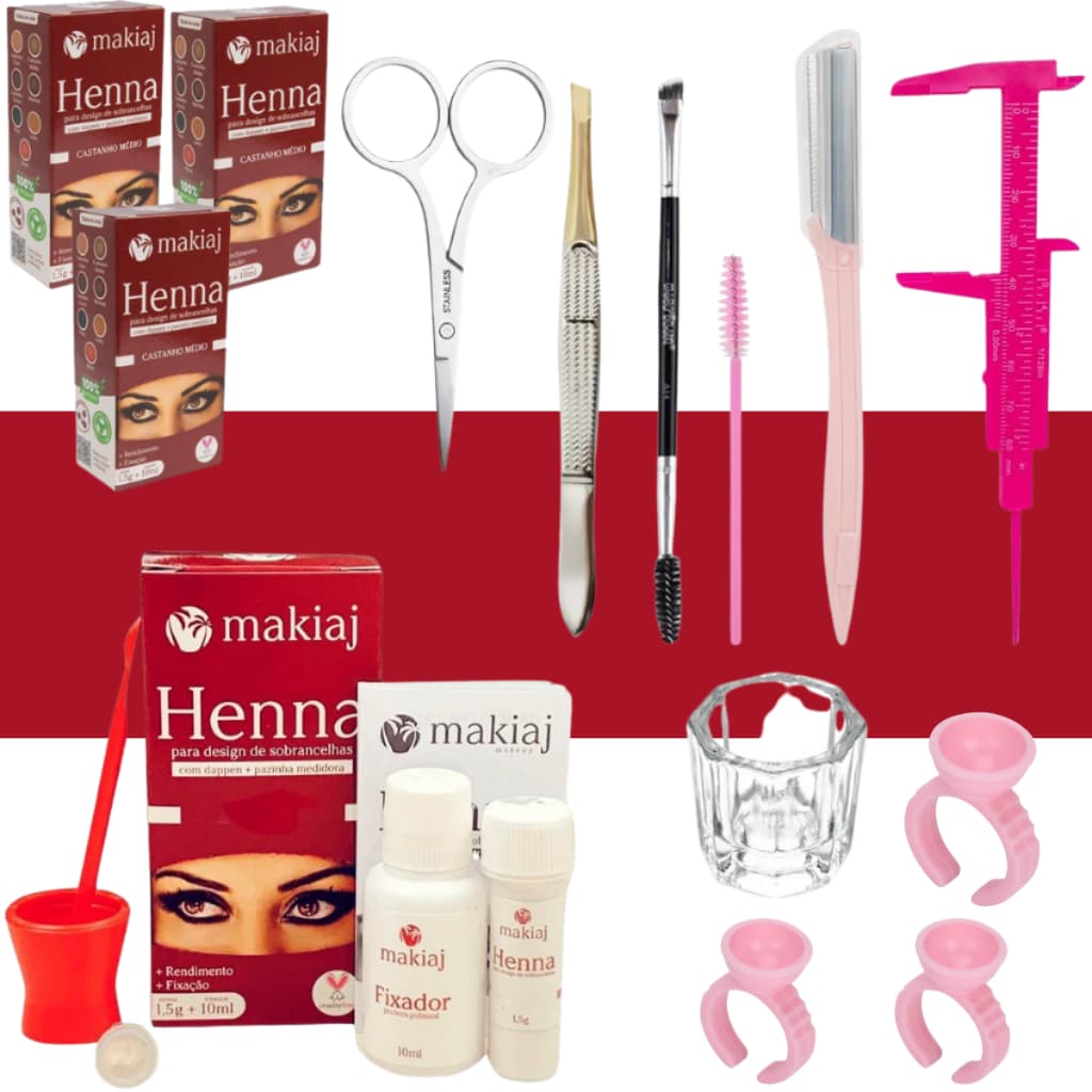 Kit Design para Sobrancelhas 3 Hennas Makiaj Hipoalergênica Paquimêtro Navalha Anel Batoque Completo