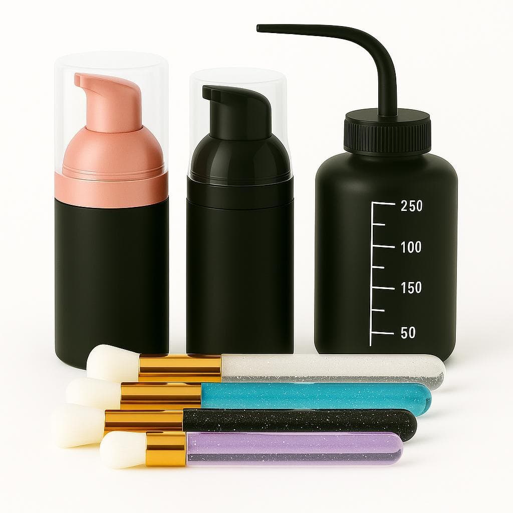 Kit Higienização para Cílios Black com Pincel Frasco Pump Espumador e Pisseta Preta