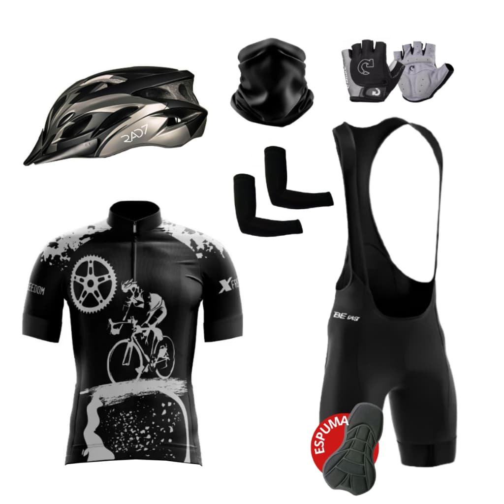 Kit Conjunto Ciclismo Camisa C/ Proteção UV Bretelle C/ Forro + Capacete Ciclismo + Luvas + Manguito + Bandana