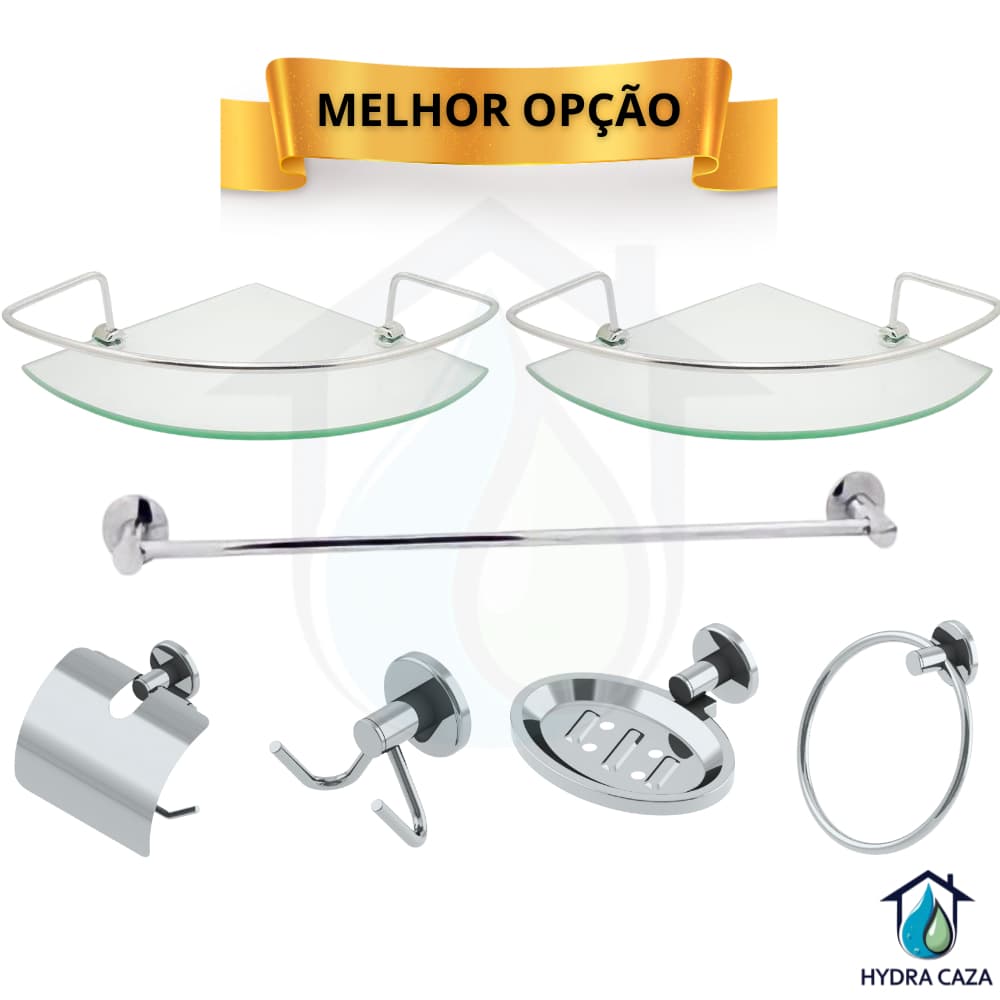 Kit Acessórios Banheiro 5 Peças Inox + 2 Porta Shampoo De Canto Vidro Lavabo