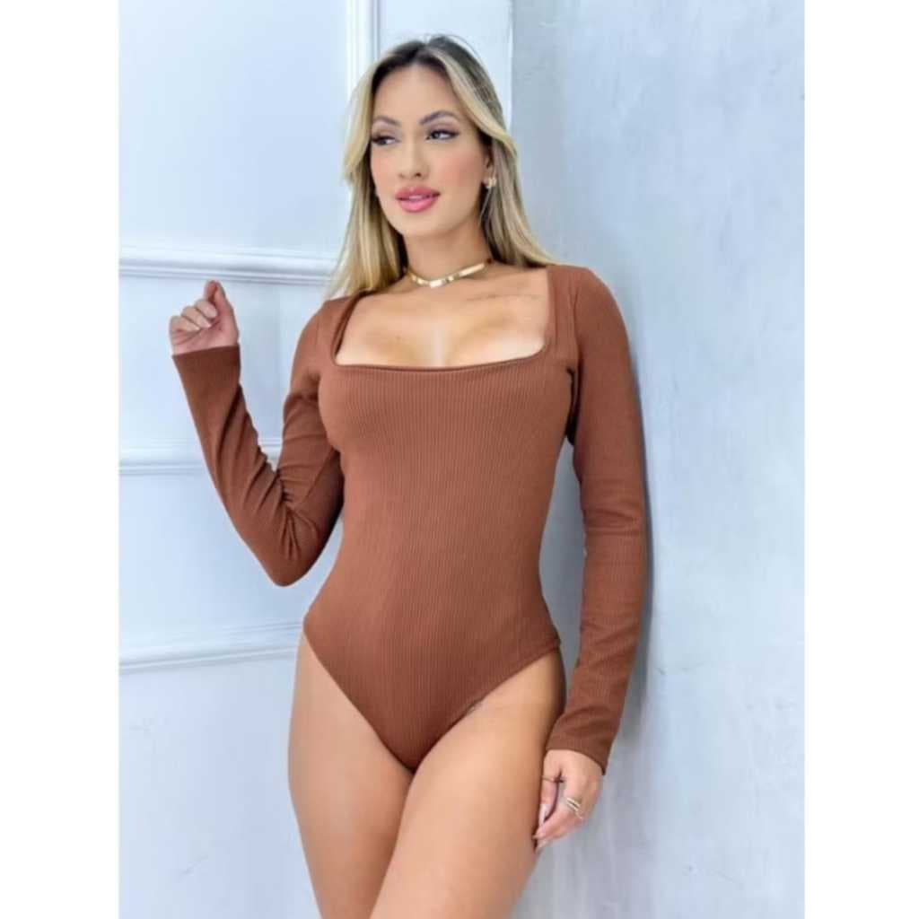 Body Manga Longa Básico Decote Quadrado com Fecho Tecido Anarruga Grosso Coleção Outono Inverno Elegante Tendencia