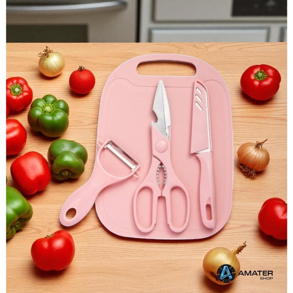 Kit De Utensílios De Cozinha 4 Peças - Faca Tesoura Descascador em Aço Inox e Tábua De Corte
