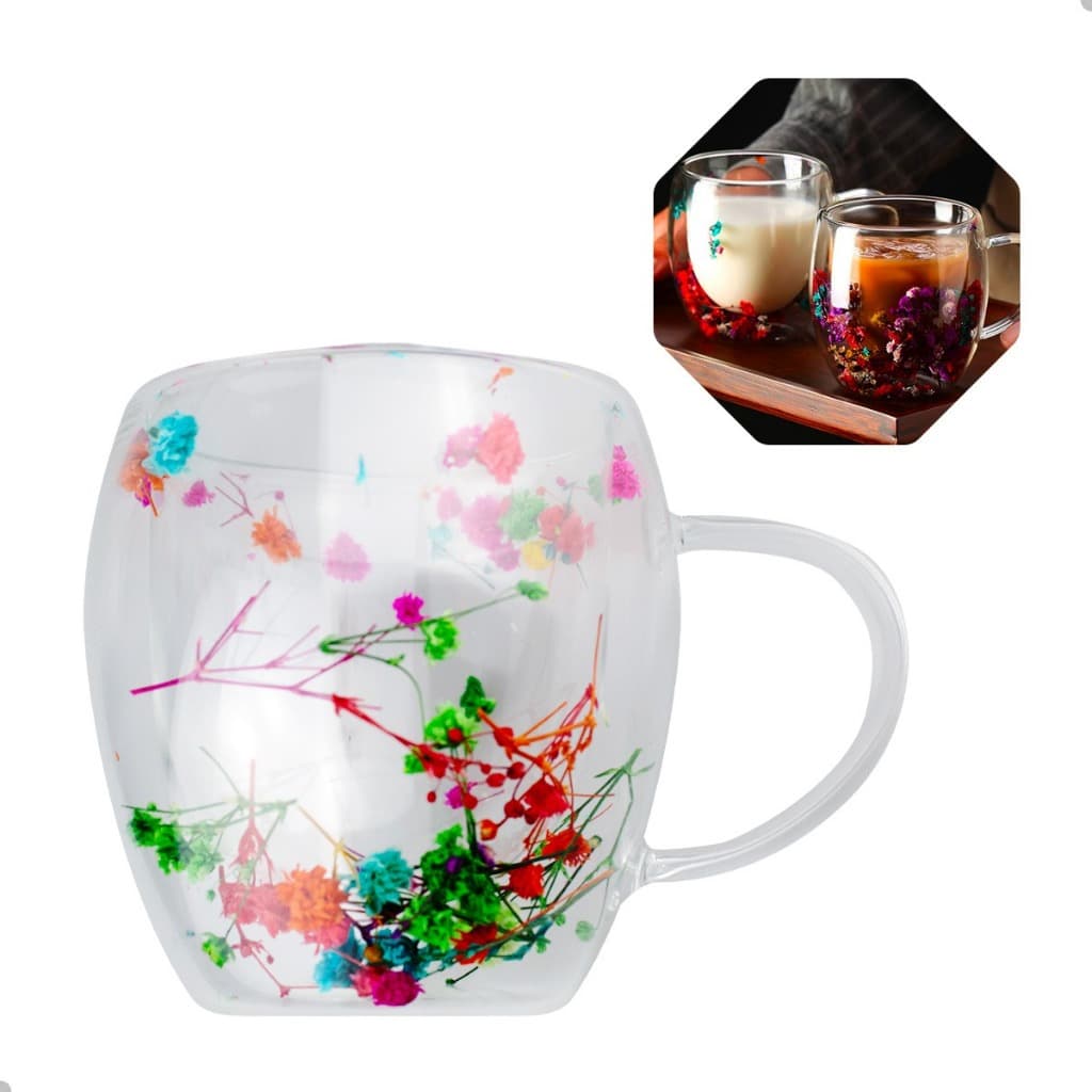 Caneca de Vidro Borossilicato 250ml com Flores Secas Florença, Parede Dupla, Design Colorido