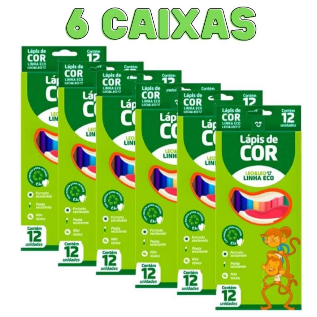 Kit Caixa Lápis de Cor Pacote C/6 Caixas Sextavado Com 12 cores Leo&Leo