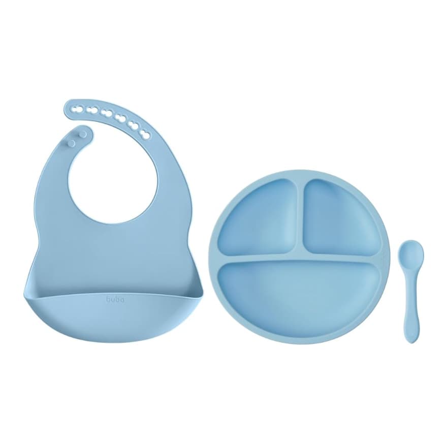 Kit Refeição em Silicone Buba | Rosa Bebê, Azul Bebê ou Verde | Prato com Ventosa, Babador e Colher | 100% Silicone Alim