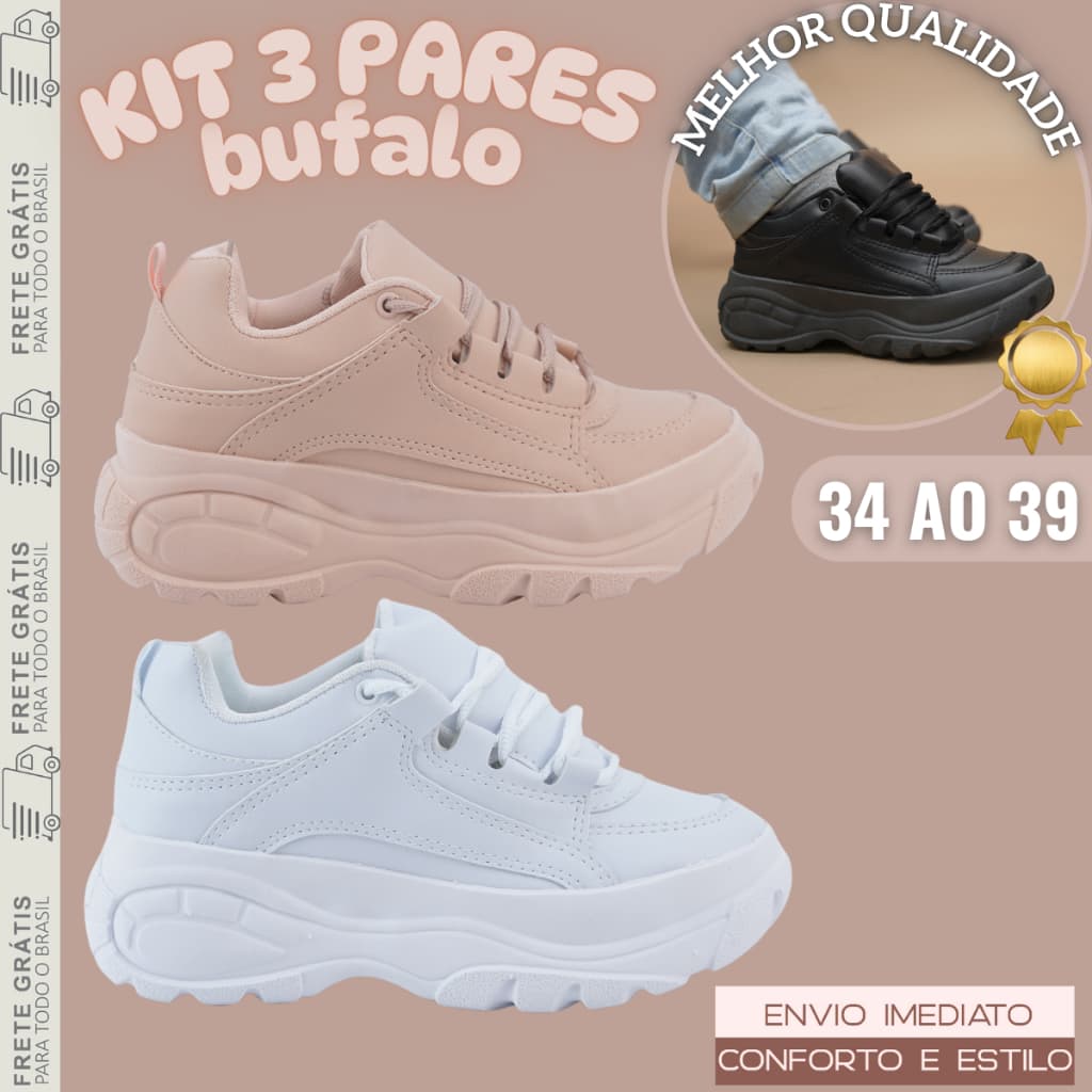 Kit 3 Pares Tênis Buffalo Plataforma Feminino Street Elegante Envio Imediato
