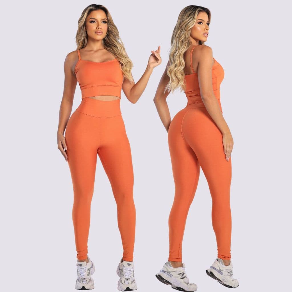 Conjunto calça com top e bojo removível legging feminina cintura alta suplex academia fitness