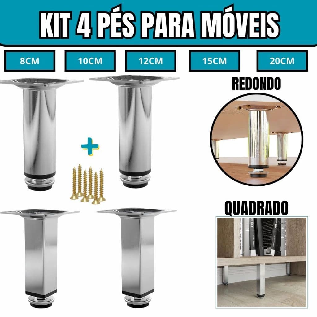 Kit 4 Pés Móveis Regulável Quadrado e Redondo Cromado 8cm | 10cm | 12cm | 15 cm | 20cm Com Parafuso
