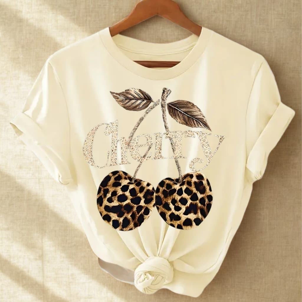 Camiseta Feminina T-shirt Versátil Estampada Cereja Onça Casual