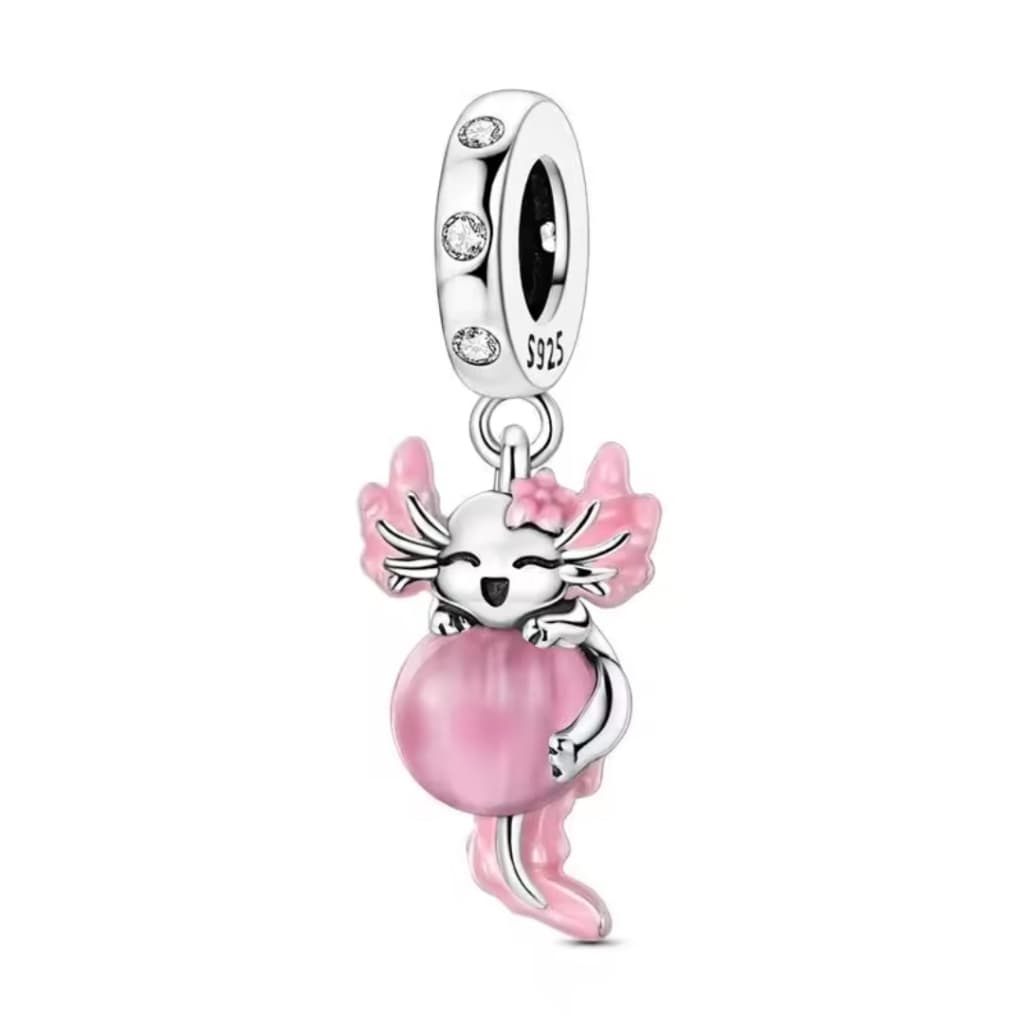 Berloque Pingente Prata Mini Axolote Rosa Salamandra Zoológico Para Pulseira Bracelete Animal Fofo