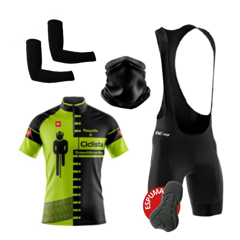 Kit Conjunto Ciclismo Camisa Proteção UV Bretelle C/ Forro + Manguito Proteção UV Ciclismo + Bandana