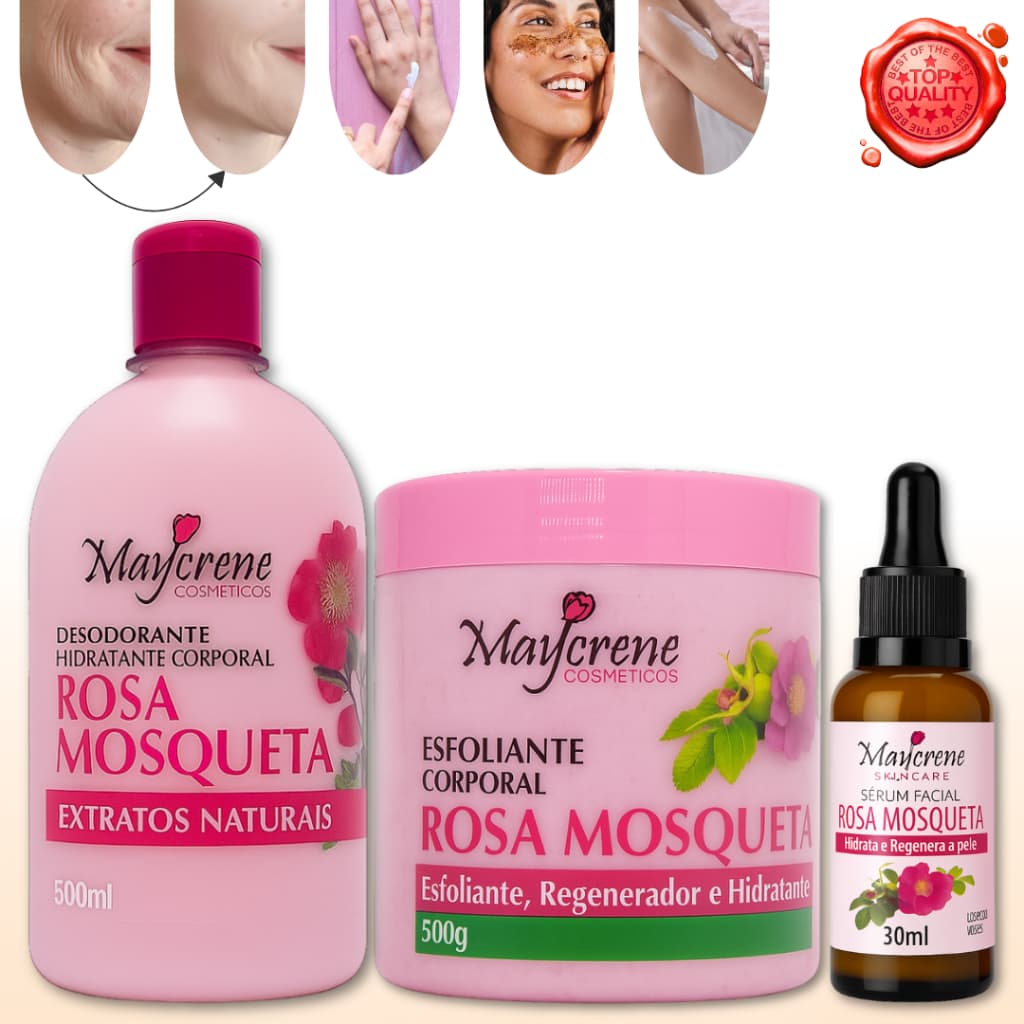 Kit Desodorante, Esfoliante e Sérum Facial Rosa Mosqueta Maycrene