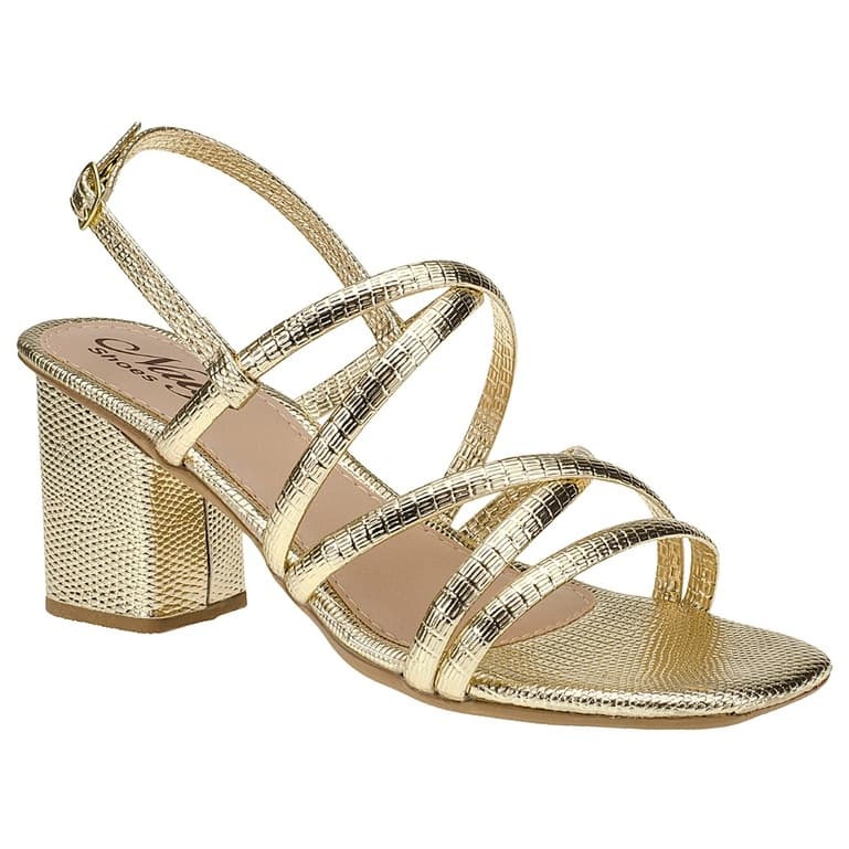 Sandália Croco Naty Shoes Salto Bloco Ouro Light Sapato Dourado Casual Quadrado Numeração Grande