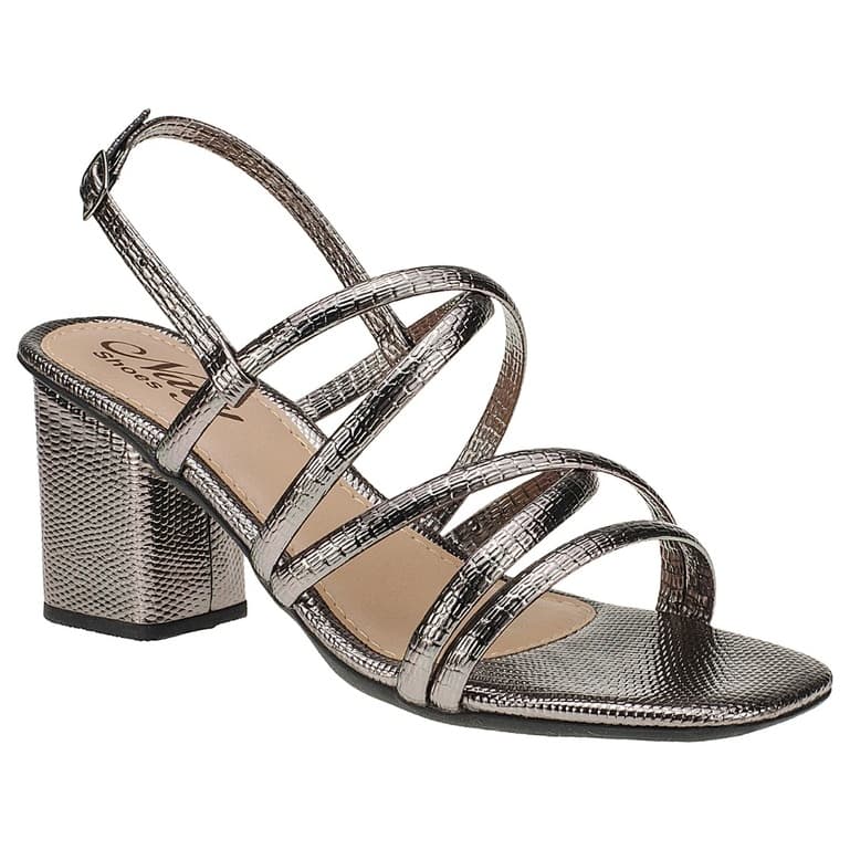 Sandália Croco Salto Craquelado Bloco Prata Velho Sapato Chumbo Casual Salto Alto Quadrado Naty Shoes