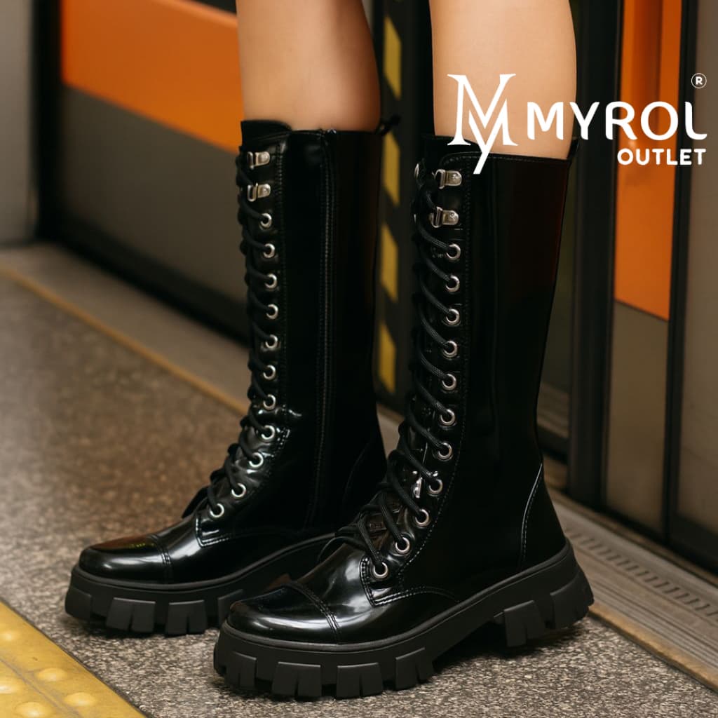 Bota Coturno Cano Alto/Longo Tratorada Estilo Blogueira Preto Verniz