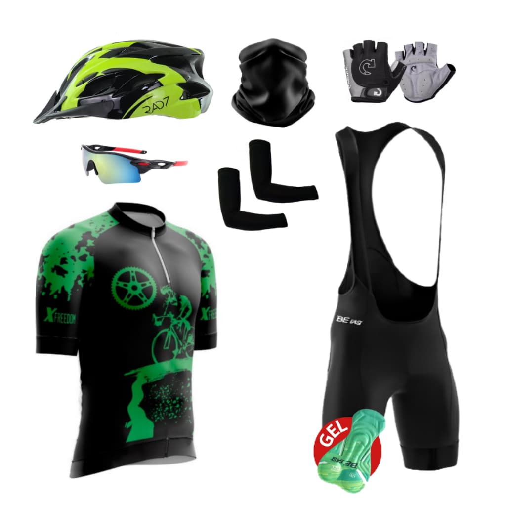 Kit Conjunto Ciclismo Camisa Proteção UV Bretelle C/ Forro Gel + Capacete Ciclismo + Luva + Óculos + Manguito + Bandana