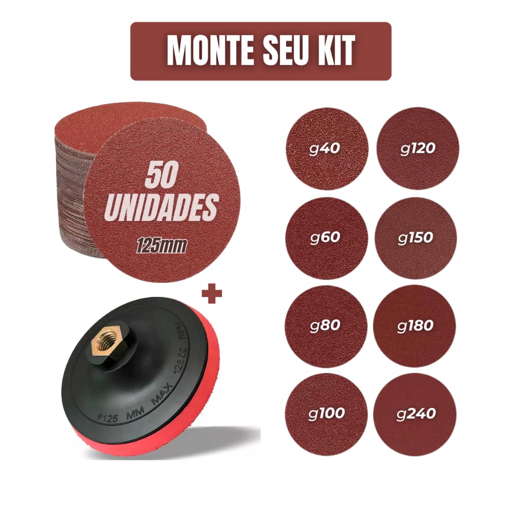 Kit 50 Disco de Lixa Velcro Circular 125mm Sem Furo Grão 40 ao 240 + Suporte Lixadeira Roto Orbital