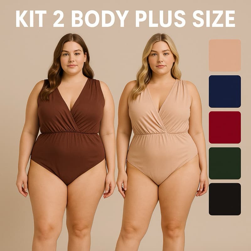 KIT 2 body feminino PLUS SIZE verão alca larga drapeado decote profundo modinha suplex curve + GG
