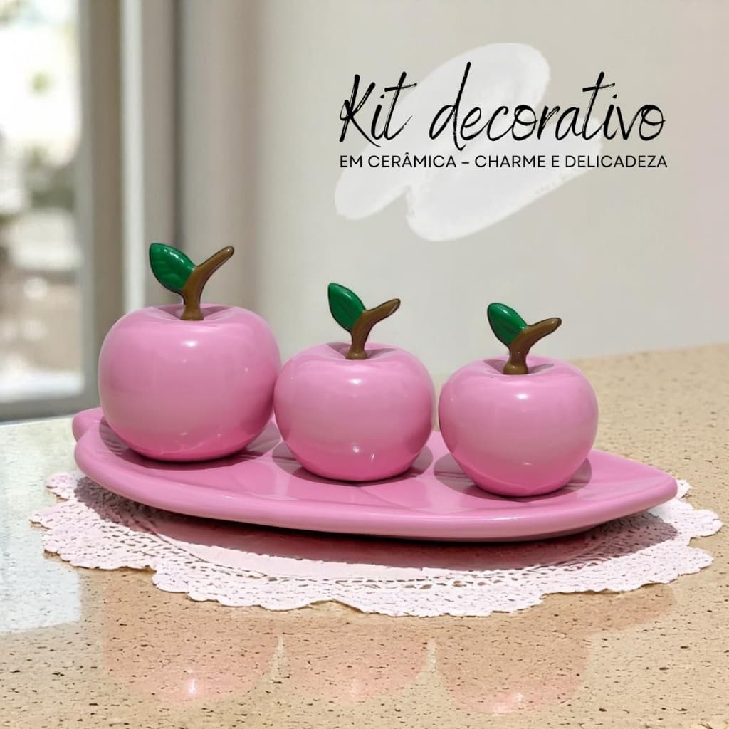 Arranjo em Cerâmica Decoração Mesa Flores e Vasos Trio de Maçã