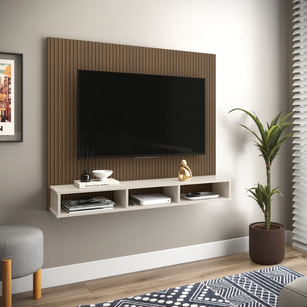 Painel para Tv Smart 50 Polegadas Slim com Nichos e Prateleira Off White/Ripado