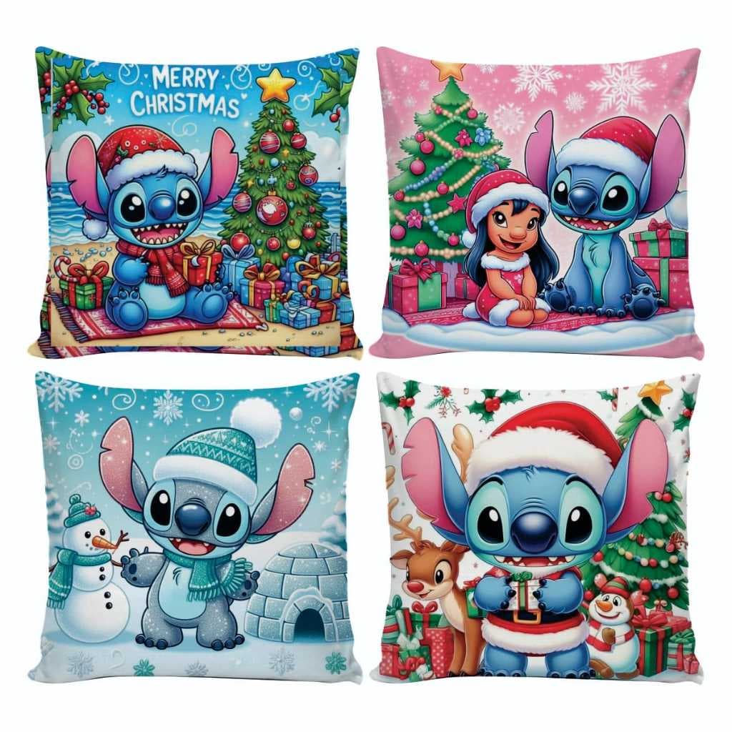 Kit 4 Capa de Almofada Fronha Stitch de Natal Quarto Sala Decorativa Zíper 0.45x0.45 Infantil