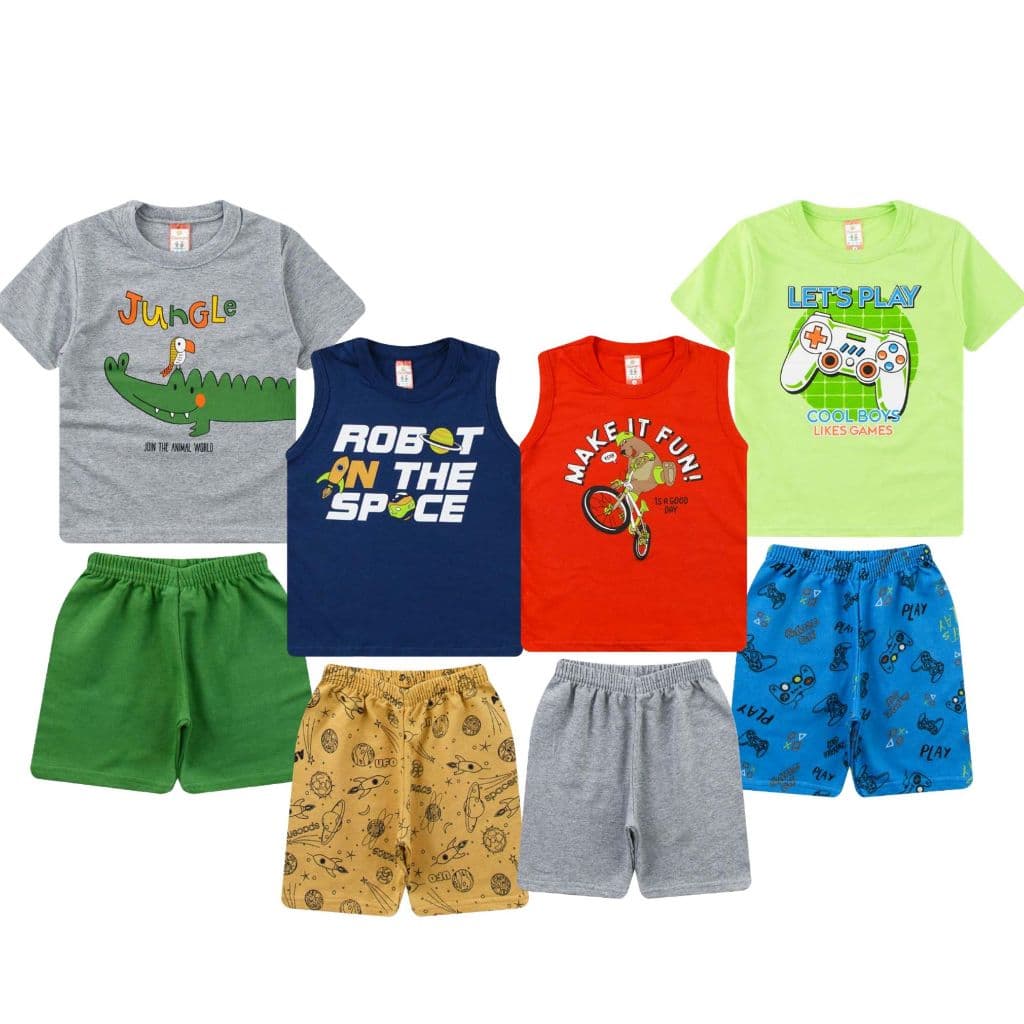 Kit 8 Peças Verão Infantil MENINO 01 ao 08- SORTIDOS - 4 Camisetas + 4 Bermudas