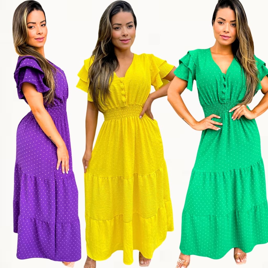 Vestido Longo Feminino Plus Size com Bojo, Manga Curta, Lastex e Botões