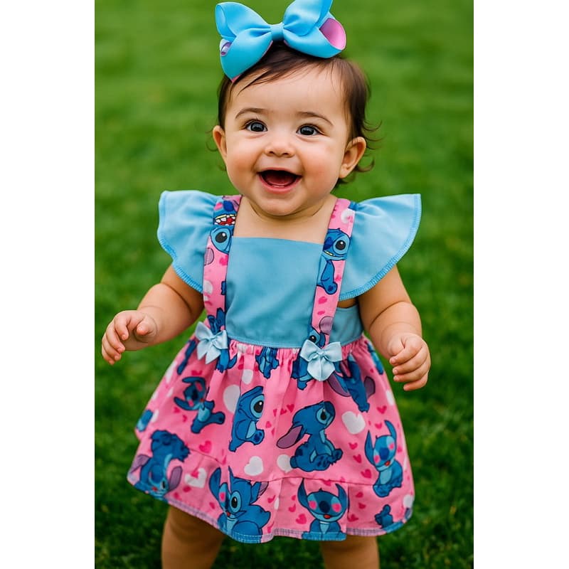 Jardineira Romper vestido Bebê Menina Body Temático Book Festa Mesversário Lilo & Stitch  Stich Stitchi com ou sem laço