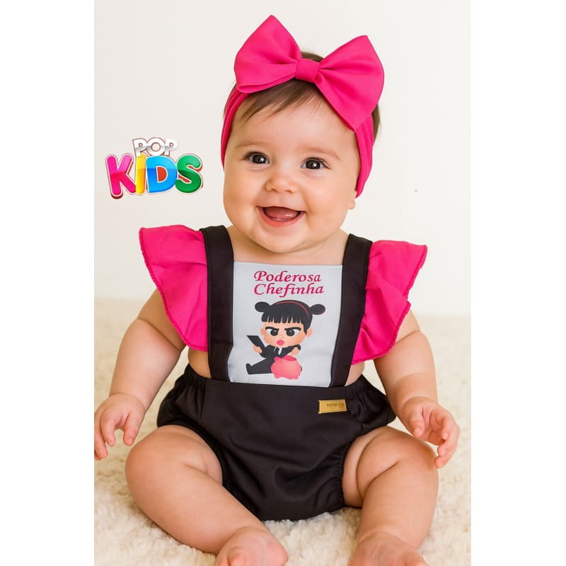 Jardineira Romper Bebê Menina Body Temático   Poderosa chefinha Book Festa Mesversário com ou sem laço