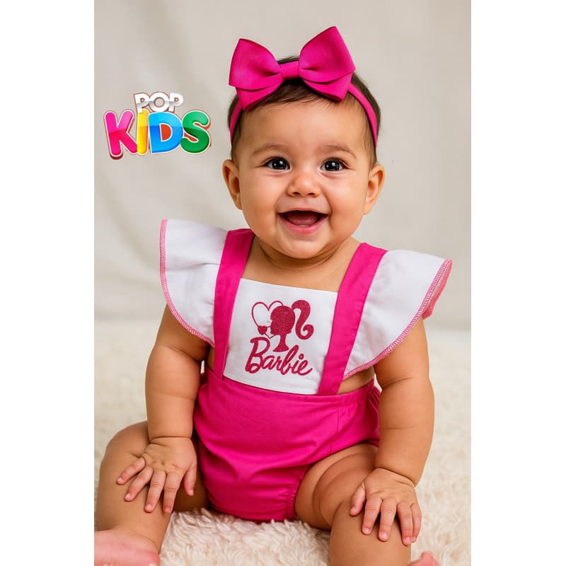 Romper Jardineira Barbie Infantil tematico mesversario menina Book festea fantasia rosa Pink barby barbi Barbie boneca