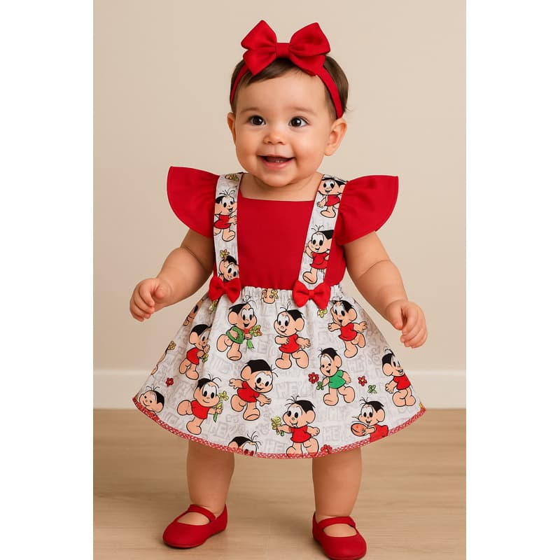 Jardineira Romper vestido Bebê Menina Body Temático  Turma da Mônica Magali Cascão Cebolinha Baby Book Festa Mesversário