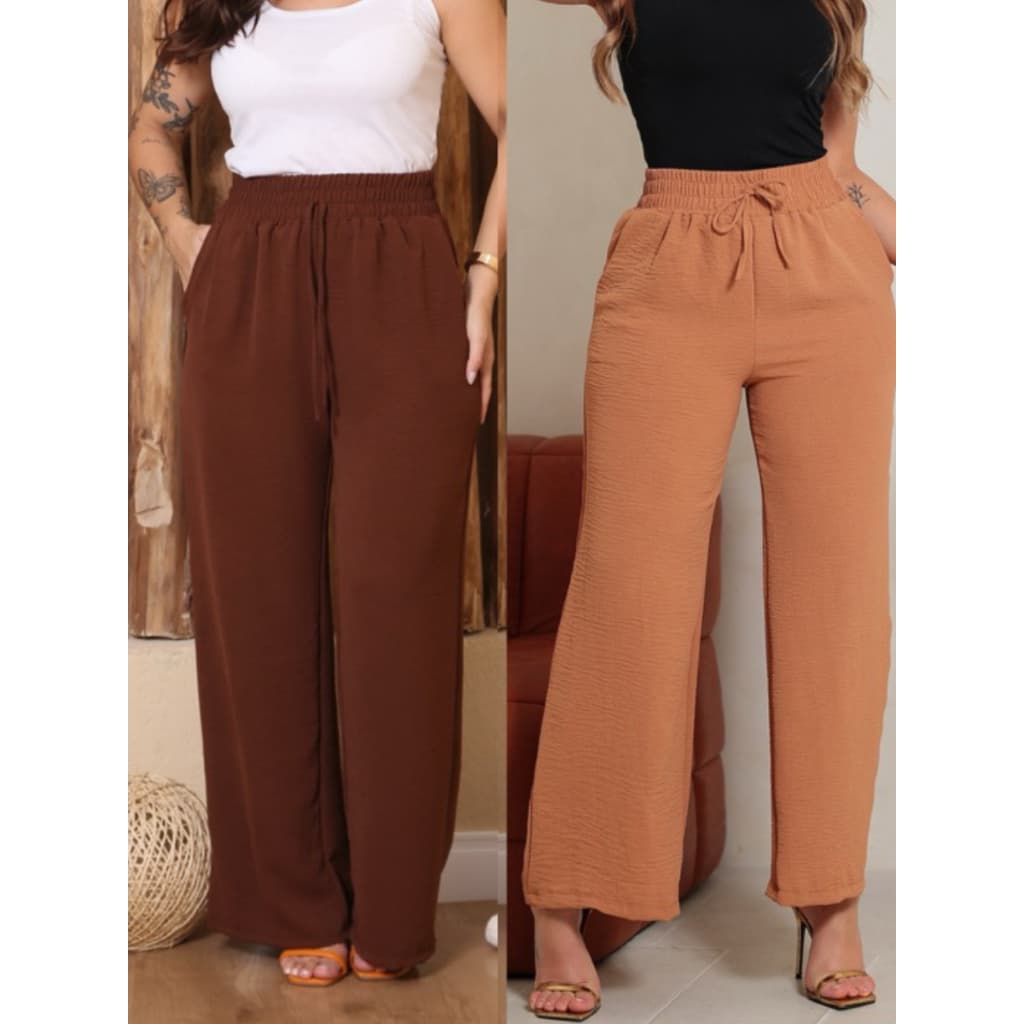 Kit Calça Duna Calça Feminina Pantalona Wid Leg Com Bolso Calça Com Elastico Confortavel