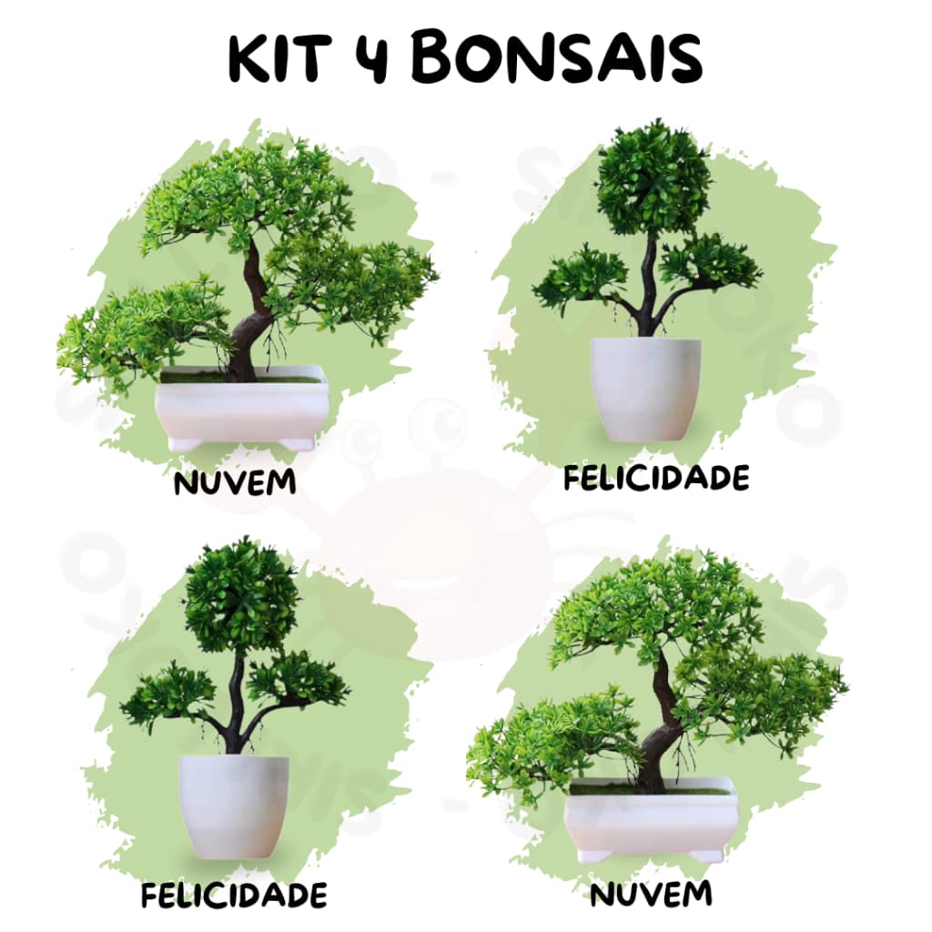 Kit Completo 4 Bonsais Artificiais – 2 Nuvem 2 Felicidade Equilíbrio e Leveza