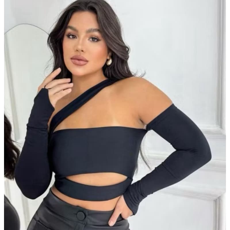 Cropped Feminino Ombro Único com Manga Longa Removível Suplex Premium