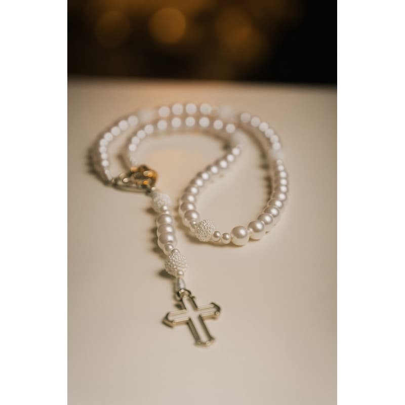 Terço Personalizado Divino Espírito Santo Pérola Branca Azul Rosa - ENVIO IMEDIATO