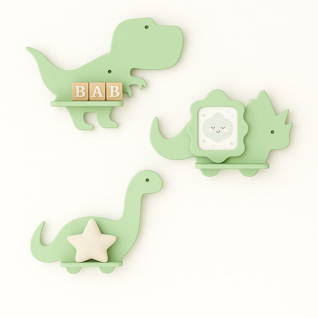 Trio de prateleiras de dinossauro em MDF Kit com 3 prateleiras Dino